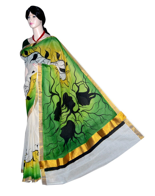 PJ-Floral Hand Painted Kerala cotton saree_KCADI063