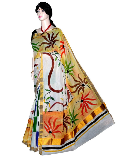 PJ-Floral Hand Painted Kerala cotton saree_KCADI064