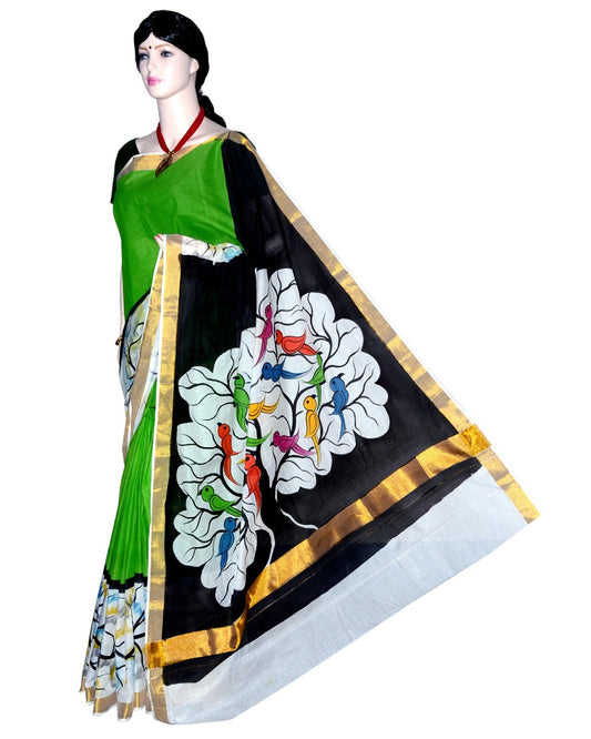 PJ-Floral Birds Hand Painted Kerala cotton saree_KCADI066