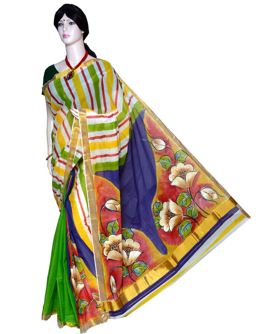 PJ-Floral Hand Painted Kerala cotton saree_KCADI067