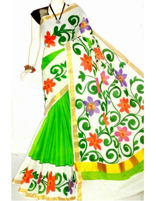 PJ-Floral Hand Painted Kerala cotton saree_KCADI069