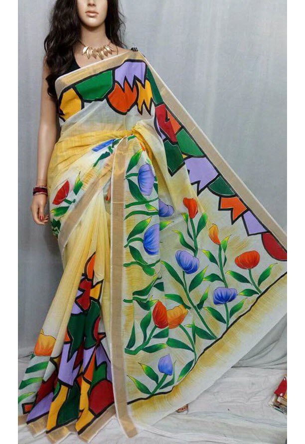 PJ-Floral Hand Painted Kerala cotton saree_KCADI011