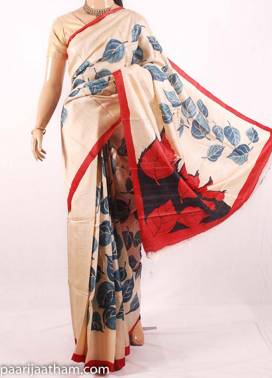 Cream Floral Hand Painted Tussar Silk Saree JL17A081