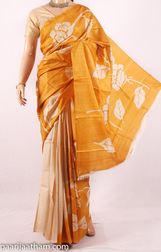 Cream Gold Floral Hand Painted Tussar Silk Saree JL17A086