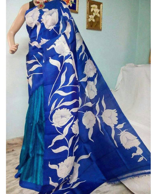 Blue White Floral Hand Painted Tussar Silk Saree JLHPT07