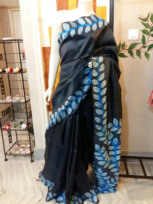 Black Blue Hand Painted Tussar Silk Saree JLHPT15