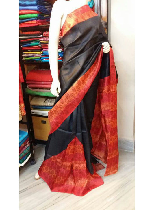 Black Red Hand Painted Tussar Silk Saree JLHPT16