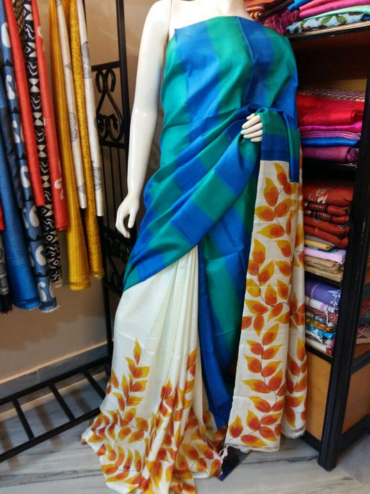 Blue Cream Hand Painted Tussar Silk Saree JLHPT22