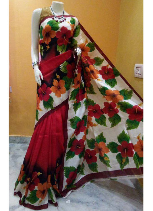 PJMTS17D003 Red HandWoven Floral Painted Pure Tussar Silk Saree