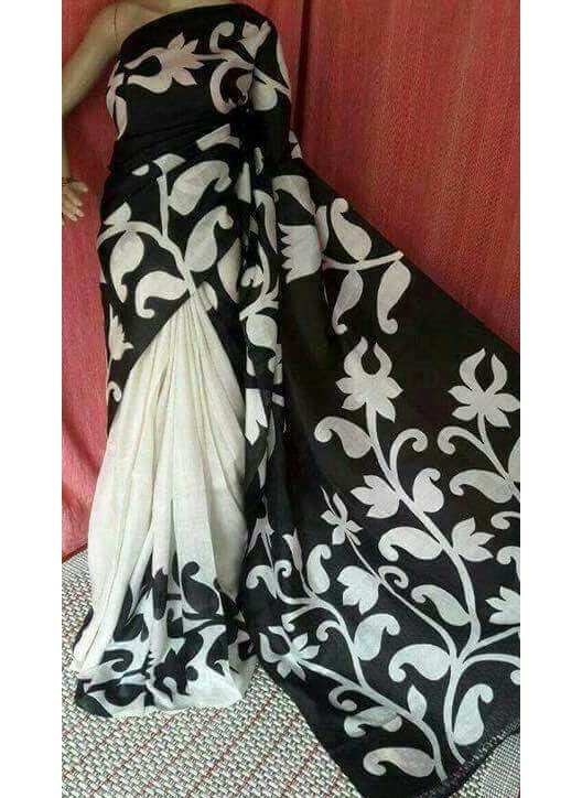 PJMTS17D004 White HandWoven Floral Painted Pure Tussar Silk Saree