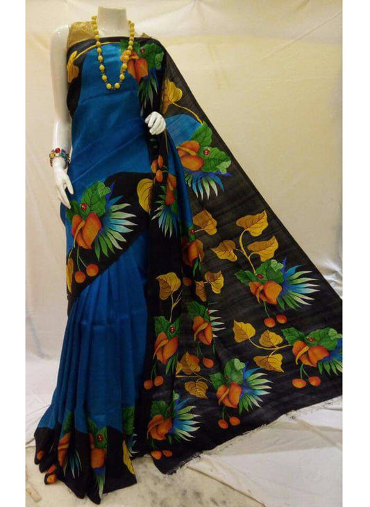 PJMTS17D010 Blue HandWoven Floral Painted Pure Tussar Silk Saree