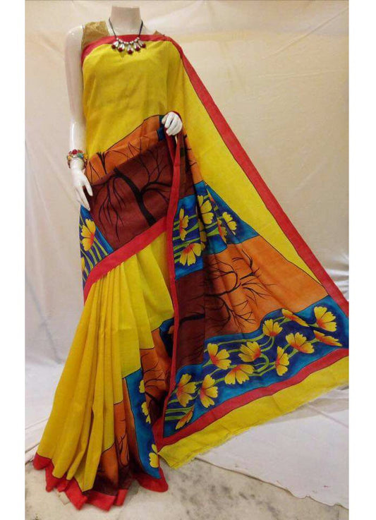 PJMTS17D009 Yellow HandWoven Floral Painted Pure Tussar Silk Saree