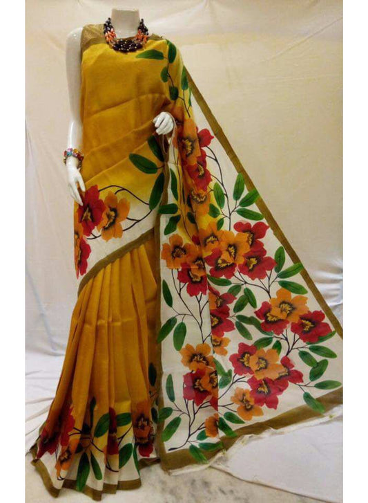 PJMTS17D011 Yellow HandWoven Floral Painted Pure Tussar Silk Saree