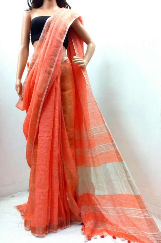 Orange Silver Linen Saree