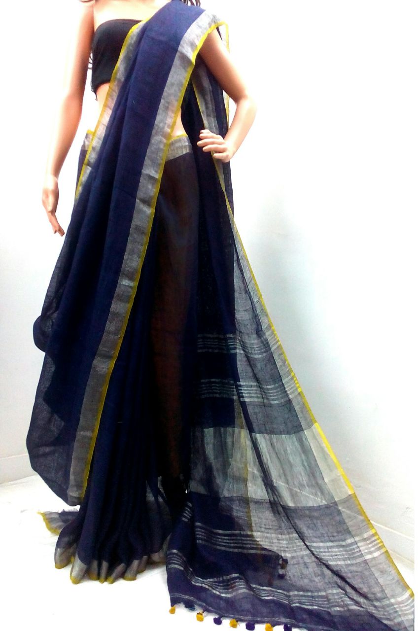 Royal Blue Silver Linen Saree