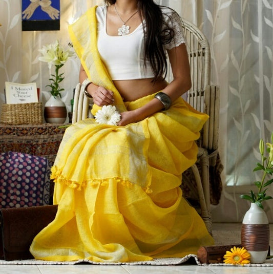 Yellow Silver Linen Saree