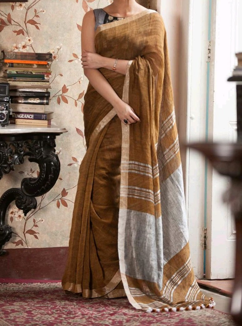 Brown Silver Linen Saree