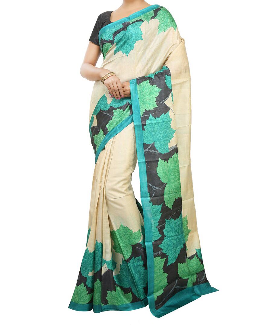 Cream Green Pure Tussar Silk Saree