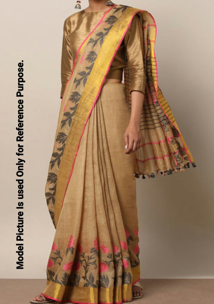 Cream Gold Linen Saree