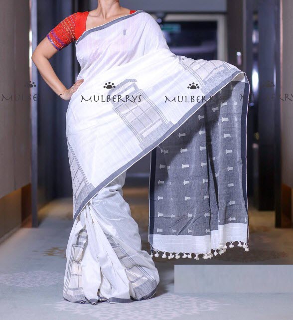 White Grey Linen Saree