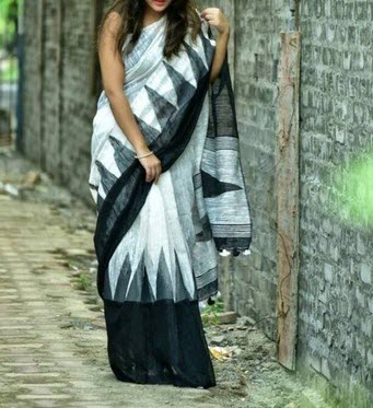 White Black Linen Saree