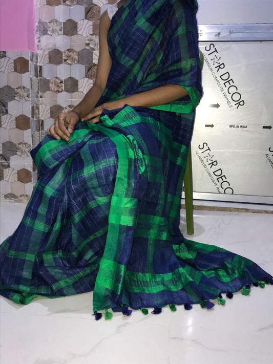 Blue Green Linen Saree