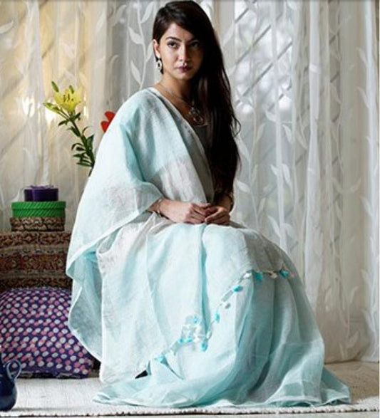 SkyBlue Silver Linen Saree