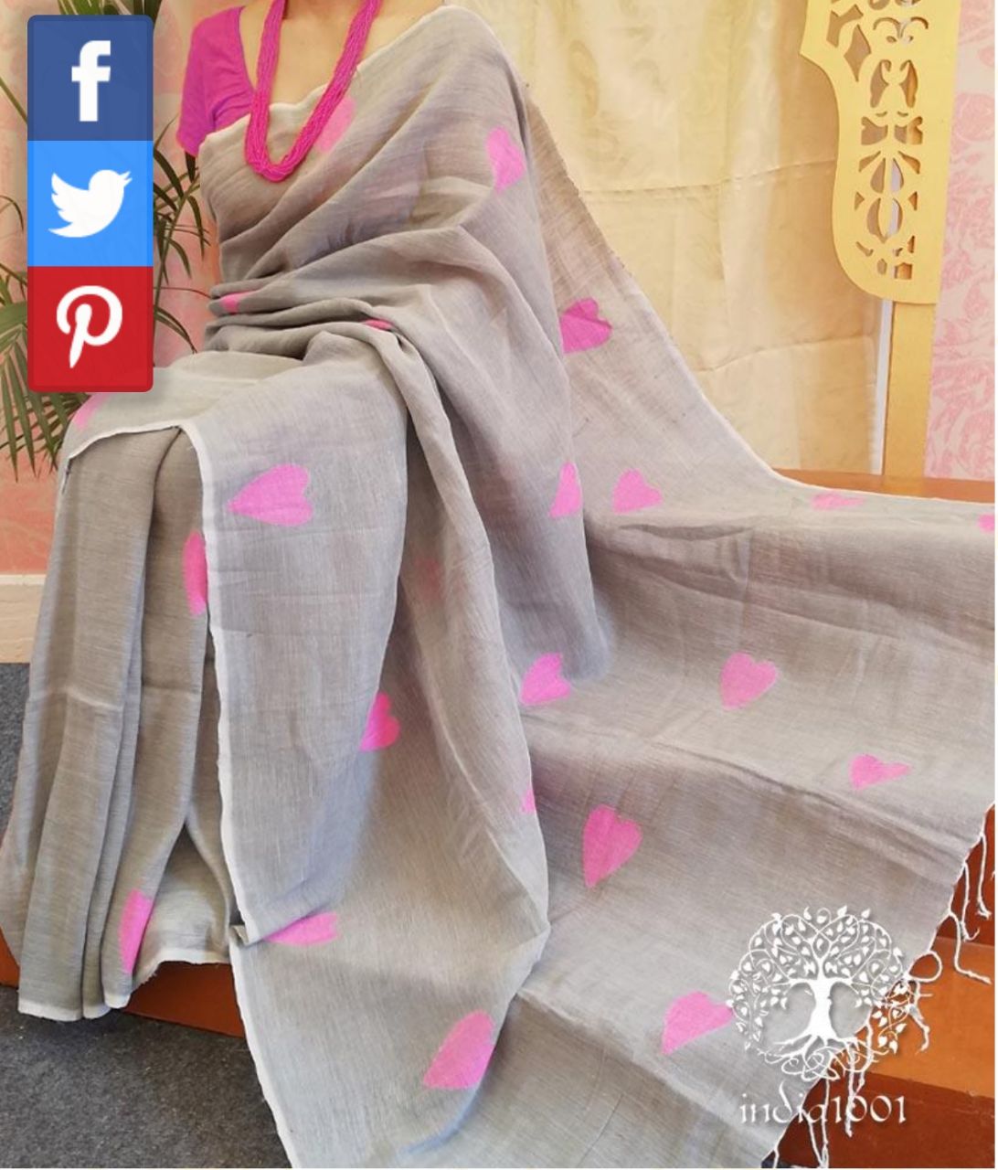 Grey Rose Linen Saree