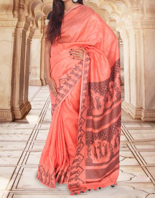 Peach Black Pure Handloom Linen Pure Saree