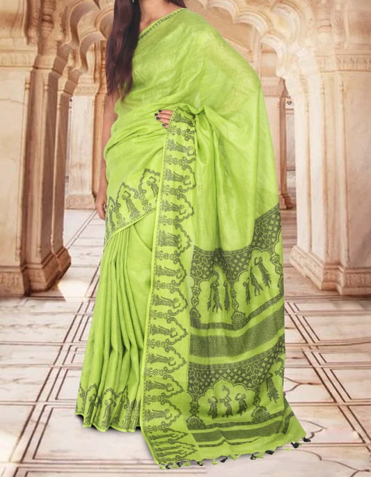 Green Black Pure Handloom Linen Pure Saree