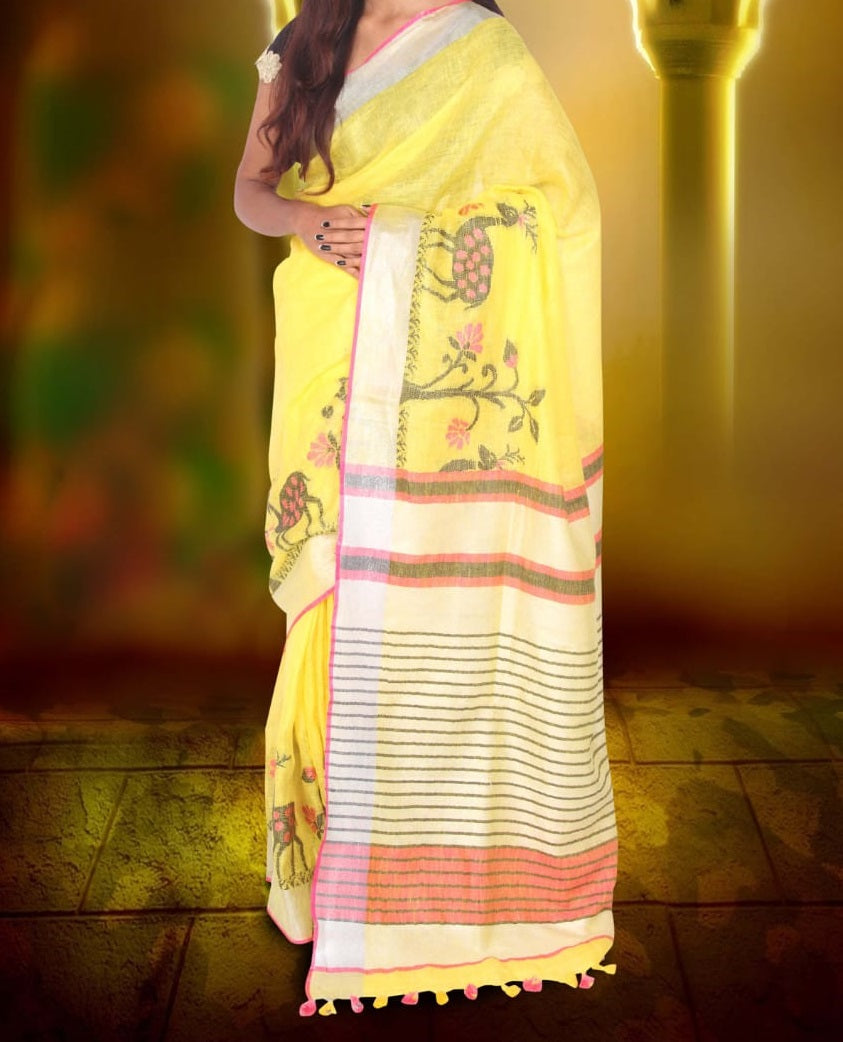 Yellow White Pure Handloom Linen Pure Saree