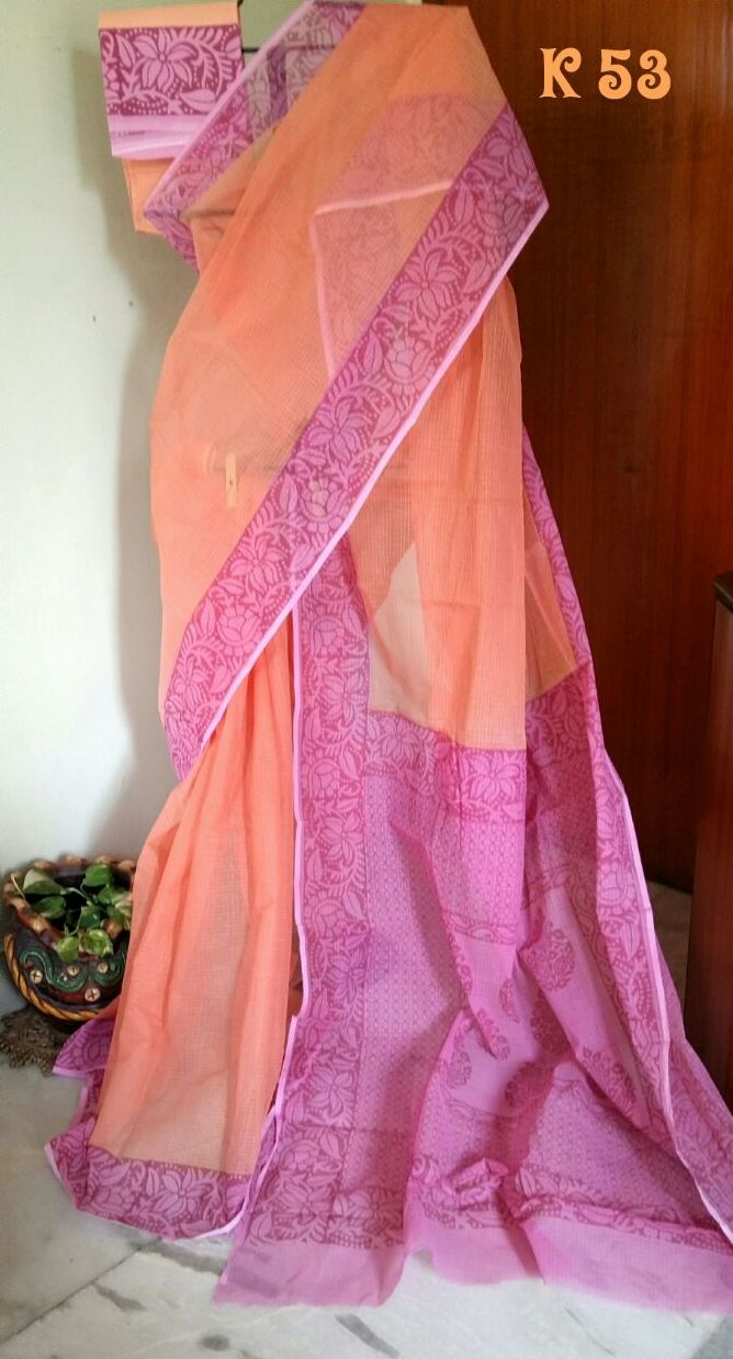 Orange Pink Block Printed Kota Doria Saree