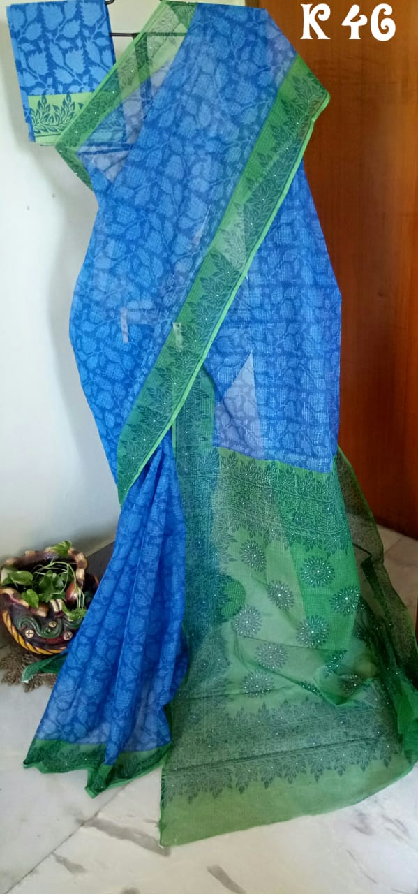 Blue Green Block Printed Kota Doria Saree