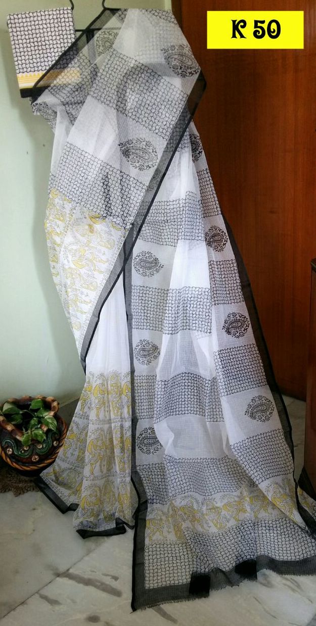 White Black Block Printed Kota Doria Saree