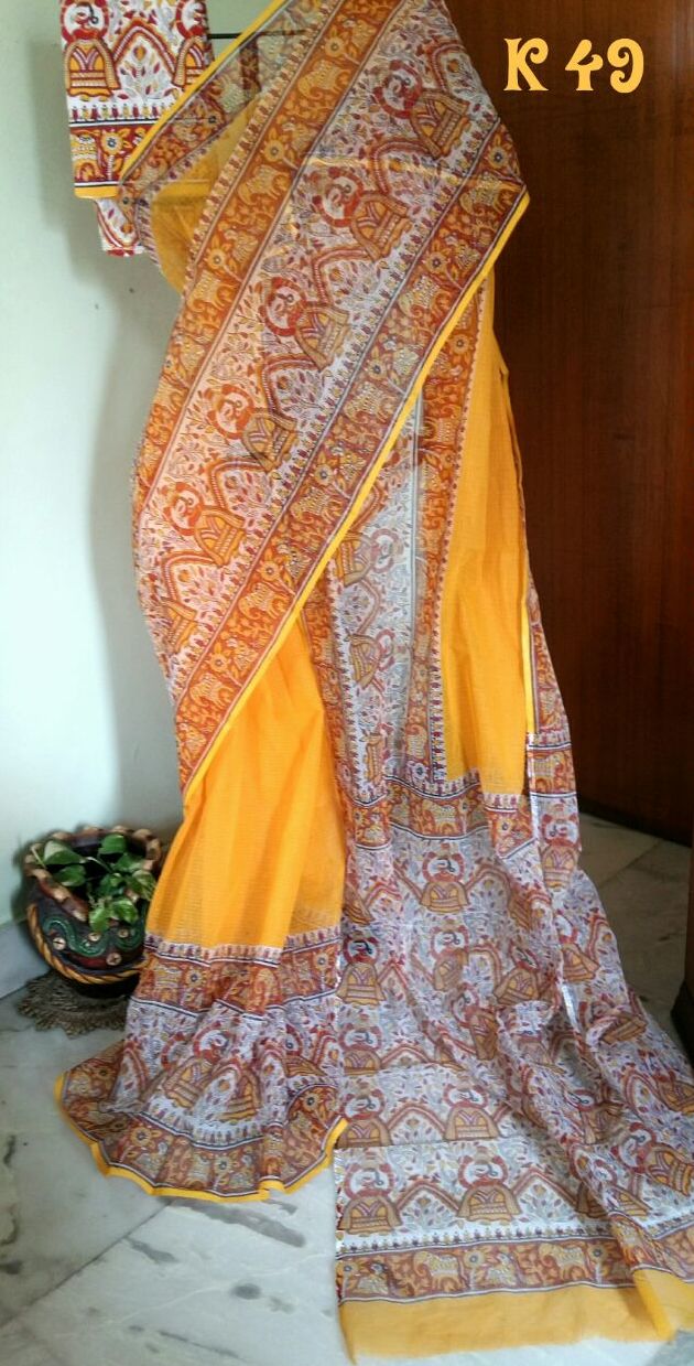 Yellow Block Printed Kota Doria Saree