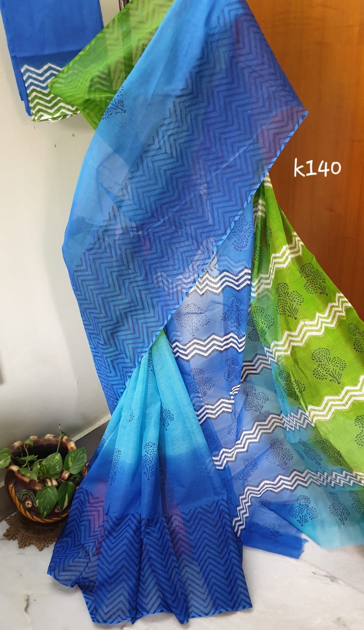 Blue Green Block Printed Kota Doria Saree