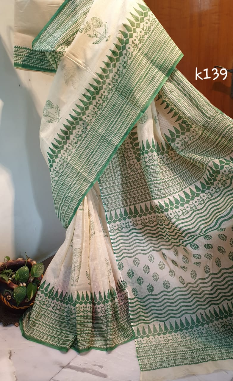 Green Block Printed Kota Doria Saree