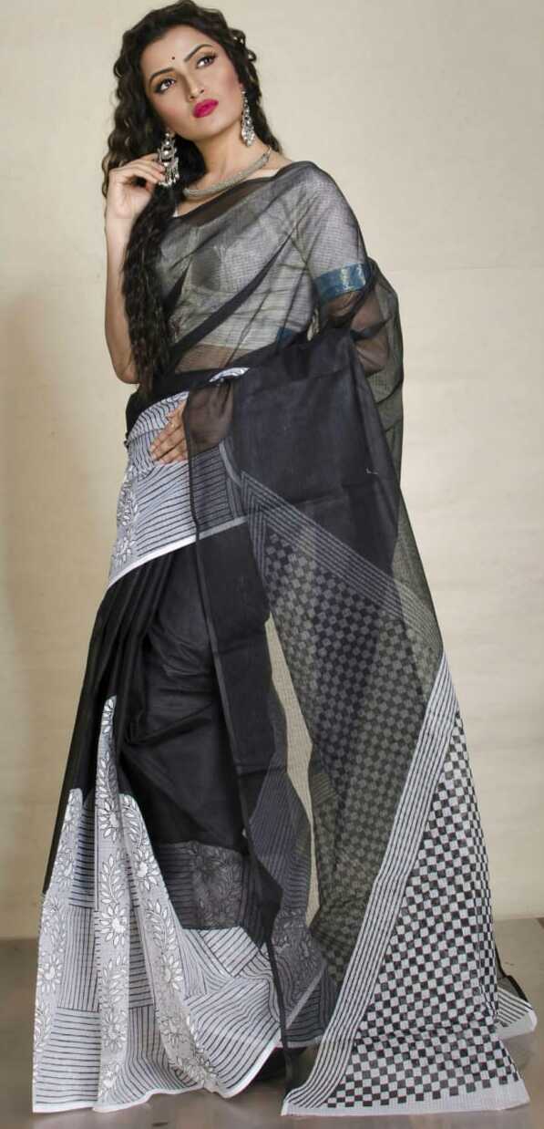 Black White Block Printed Kota Doria Saree