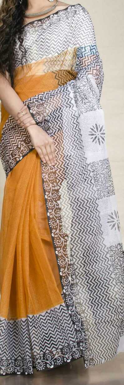 Mustard White Block Printed Kota Doria Saree