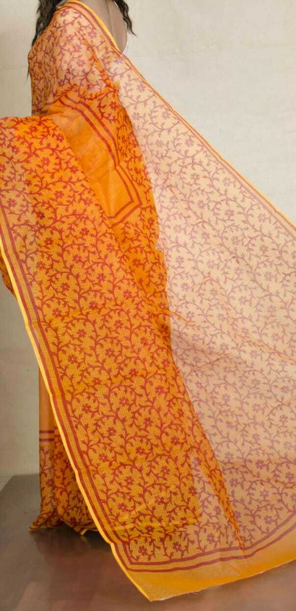 Orange Block Printed Kota Doria Saree