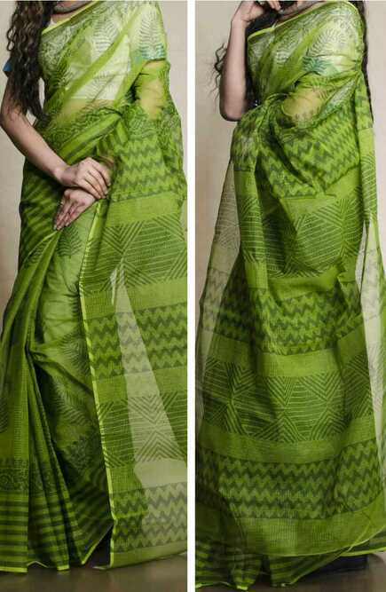 Green Block Printed Kota Doria Saree