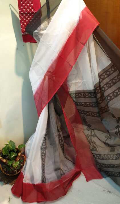 Red White Block Printed Kota Doria Saree