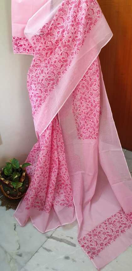 Pink Block Printed Kota Doria Saree