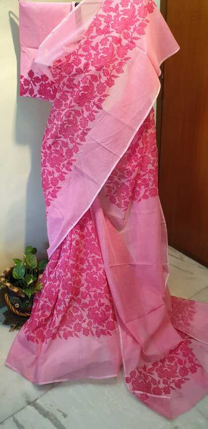 Pink Block Printed Kota Doria Saree