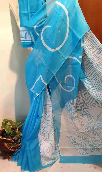 Blue White Block Printed Kota Doria Saree