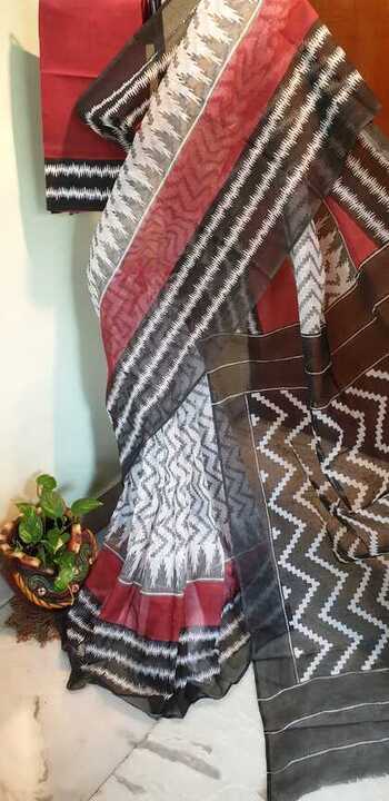 Red Black Block Printed Kota Doria Saree