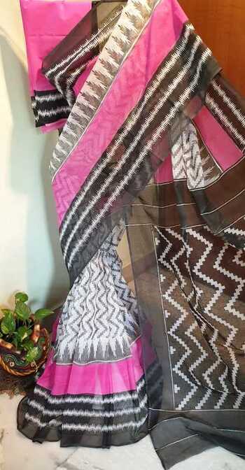 Pink Black Block Printed Kota Doria Saree