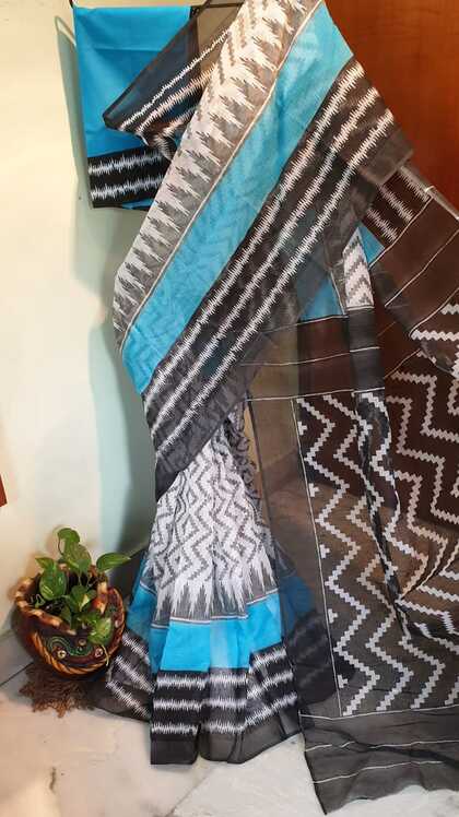 Blue Black Block Printed Kota Doria Saree