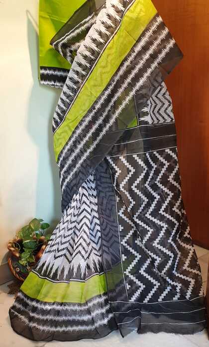 Green Black Block Printed Kota Doria Saree