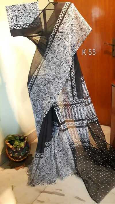 Black White Block Printed Kota Doria Saree